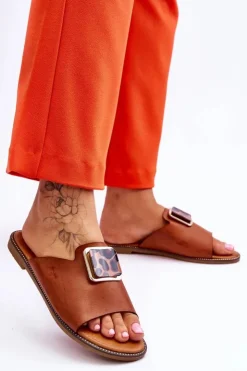 Boto Klapki Damskie Klasyczne*Damskie Klapki Z Ozdobnym Elementem Camel Leonia