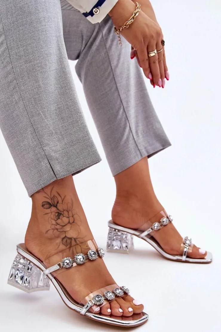 Outlet Damskie buty S.Barski Damskie Klapki Z Ozdobnymi Cyrkoniami Srebrne Leyla