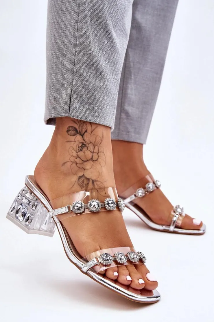 Outlet Damskie buty S.Barski Damskie Klapki Z Ozdobnymi Cyrkoniami Srebrne Leyla