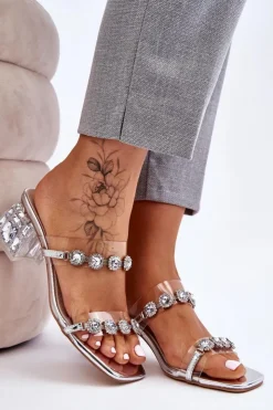 Outlet Damskie buty S.Barski Damskie Klapki Z Ozdobnymi Cyrkoniami Srebrne Leyla