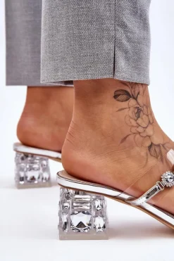 Outlet Damskie buty S.Barski Damskie Klapki Z Ozdobnymi Cyrkoniami Srebrne Leyla