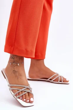 Boto Klapki Damskie Klasyczne*Damskie Klapki Z Paseczkami I Dżetami Białe Leomi