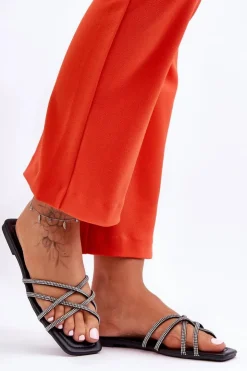 Damskie Boto Damskie Klapki Z Paseczkami I Dżetami Czarne Leomi