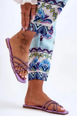 Boto Klapki Damskie Klasyczne*Damskie Klapki Z Paseczkami I Dżetami Fioletowe Leomi Fioletowy