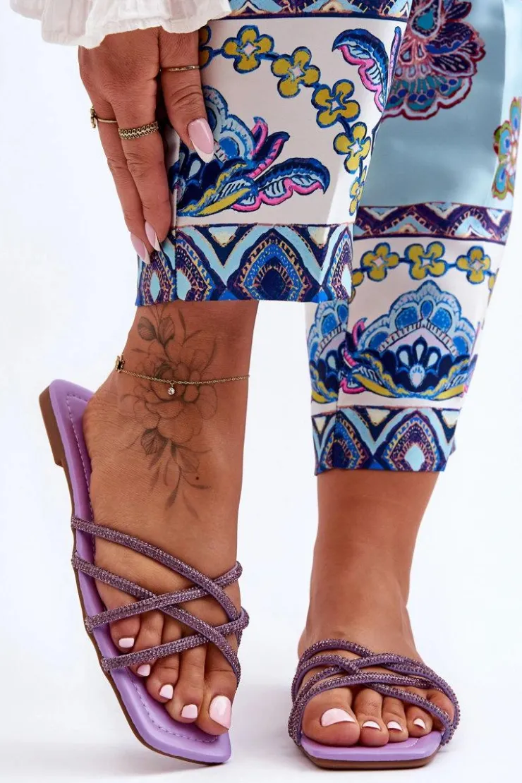 Boto Klapki Damskie Klasyczne*Damskie Klapki Z Paseczkami I Dżetami Fioletowe Leomi Fioletowy