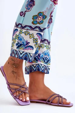 Boto Klapki Damskie Klasyczne*Damskie Klapki Z Paseczkami I Dżetami Fioletowe Leomi Fioletowy