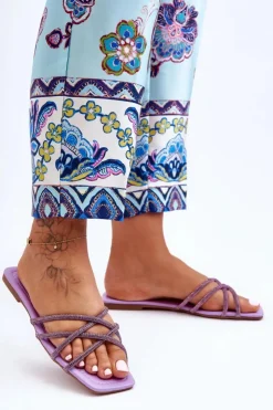 Boto Klapki Damskie Klasyczne*Damskie Klapki Z Paseczkami I Dżetami Fioletowe Leomi Fioletowy