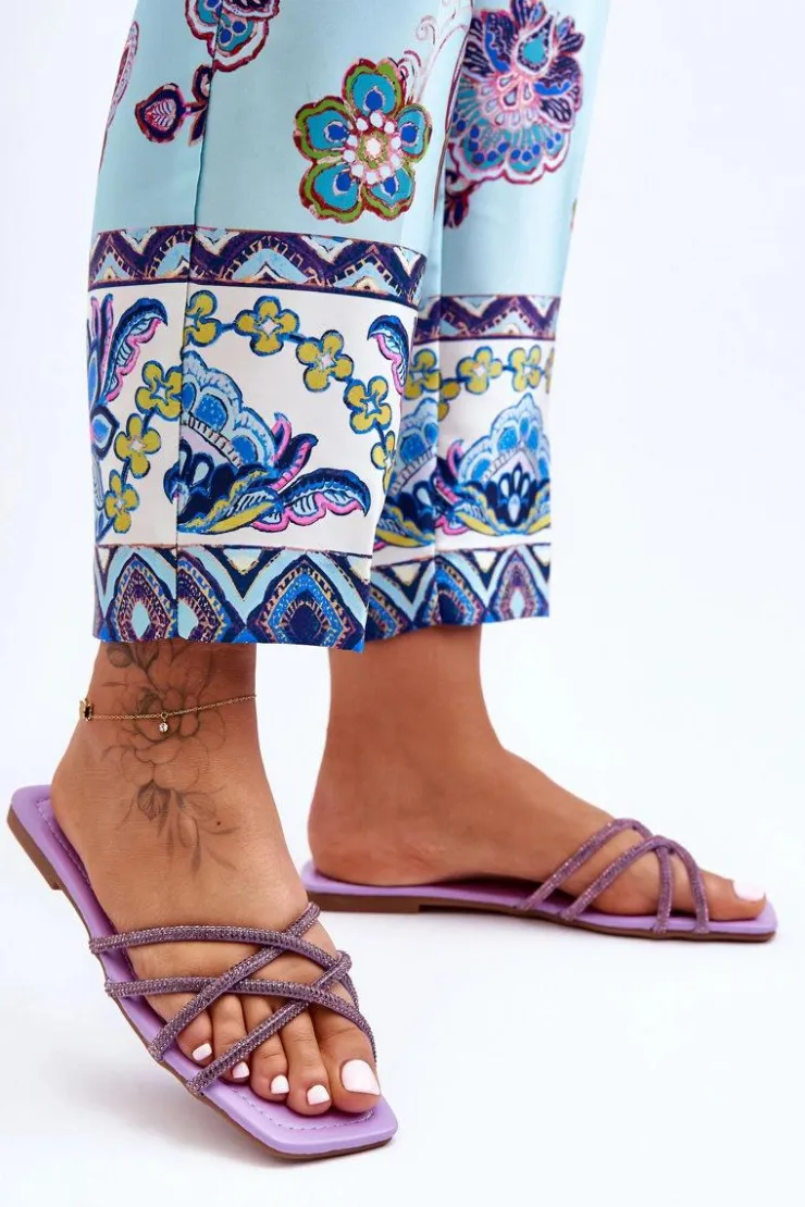 Boto Klapki Damskie Klasyczne*Damskie Klapki Z Paseczkami I Dżetami Fioletowe Leomi Fioletowy