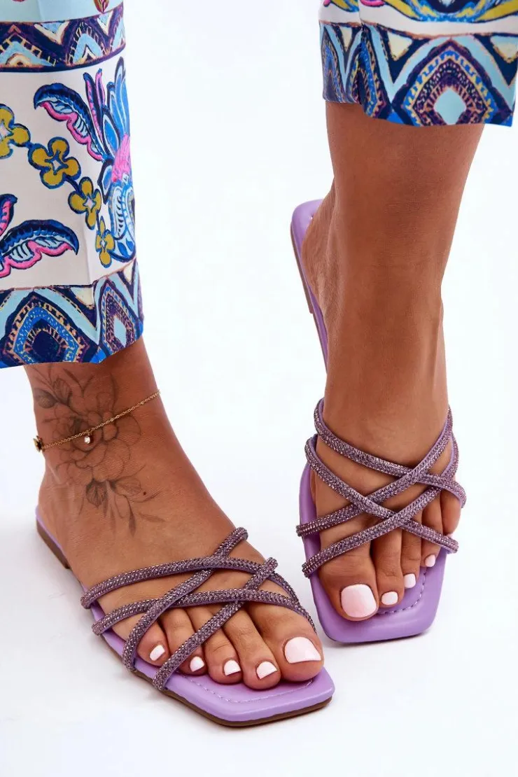 Boto Klapki Damskie Klasyczne*Damskie Klapki Z Paseczkami I Dżetami Fioletowe Leomi Fioletowy