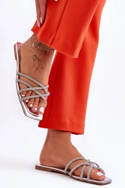 Discount Boto Damskie Klapki Z Paseczkami I Dżetami Srebrne Leomi