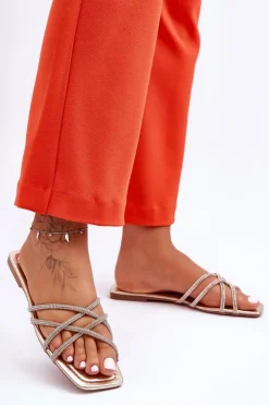 Damskie Boto Damskie Klapki Z Paseczkami I Dżetami Złote Leomi