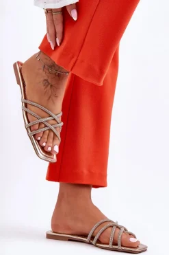 Damskie Boto Damskie Klapki Z Paseczkami I Dżetami Złote Leomi