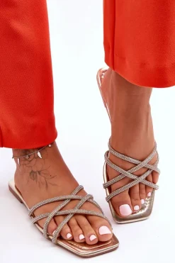 Damskie Boto Damskie Klapki Z Paseczkami I Dżetami Złote Leomi