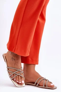 Damskie Boto Damskie Klapki Z Paseczkami I Dżetami Złote Leomi