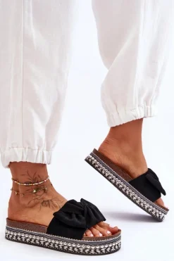 Damskie Boto Damskie Klapki Zamszowe Z Kokardą Czarne Lauria