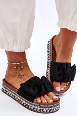 Damskie Boto Damskie Klapki Zamszowe Z Kokardą Czarne Lauria