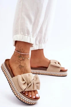 Boto Klapki Korkowe|Klapki Damskie Klasyczne*Damskie Klapki Zamszowe Z Kokardą Beżowe Lauria