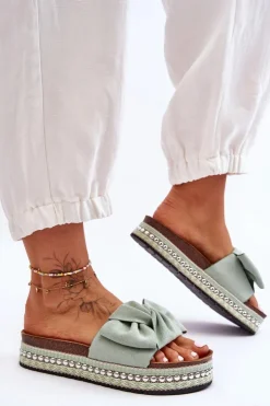 Boto Klapki Korkowe|Klapki Damskie Klasyczne*Damskie Klapki Zamszowe Z Kokardą Zielone Lauria