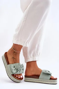 Boto Klapki Korkowe|Klapki Damskie Klasyczne*Damskie Klapki Zamszowe Z Kokardą Zielone Lauria