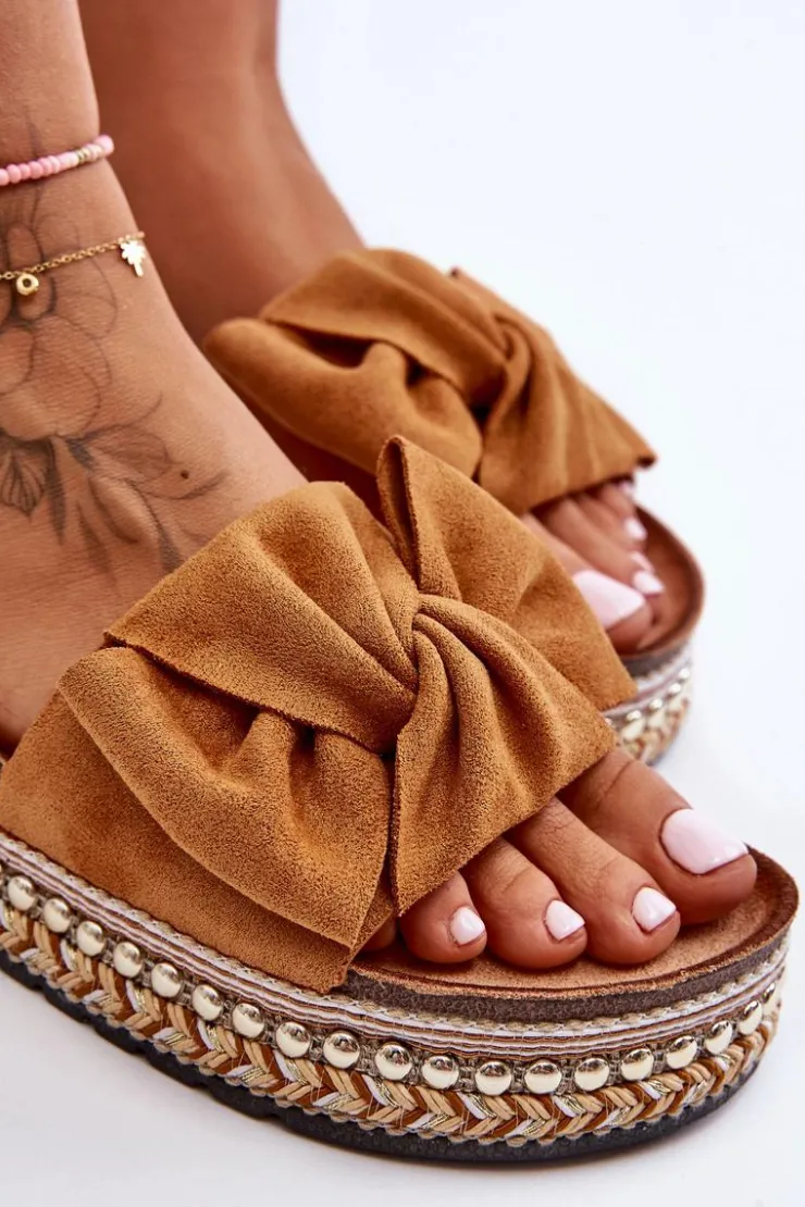 Sale Boto Damskie Klapki Zamszowe Z Kokardą Camel Lauria