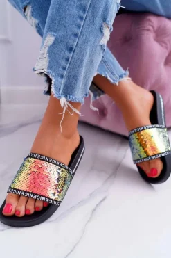 Clearance Boto Damskie Klapki Złote Opalizujące Nice