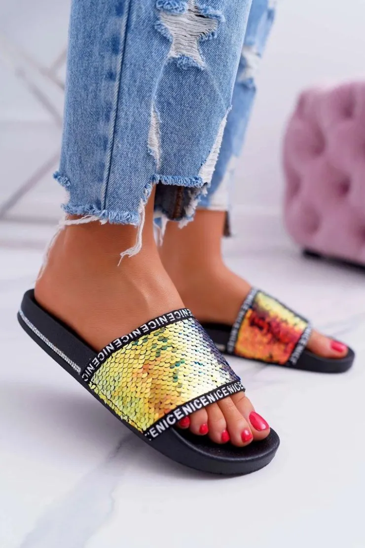 Clearance Boto Damskie Klapki Złote Opalizujące Nice