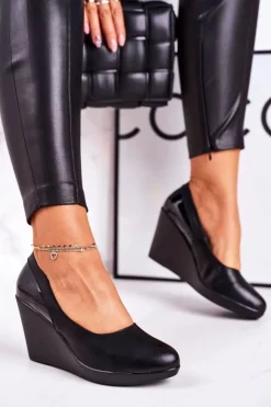 Clearance Boto Damskie Klasyczne Czółenka Na Koturnie Lakierowane Czarne Ivonne