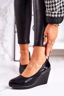 Clearance Boto Damskie Klasyczne Czółenka Na Koturnie Lakierowane Czarne Ivonne