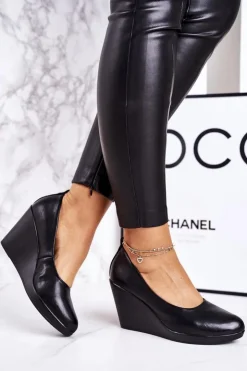 Boto Czółenka Na Platformie|Czarne Botki*Damskie Klasyczne Czółenka Na Koturnie Czarne Ivonne