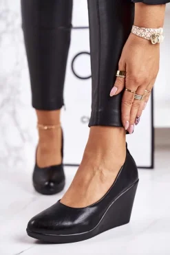 Boto Czółenka Na Platformie|Czarne Botki*Damskie Klasyczne Czółenka Na Koturnie Czarne Ivonne