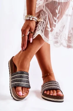 Damskie buty S.Barski Klapki Damskie Klasyczne*Damskie Klasyczne Klapki Z Łańcuszkiem Czarne Maddy Czarny