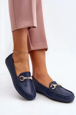 Damskie Boto Damskie Klasyczne Mokasyny Eko Skórzane Granatowe Demese