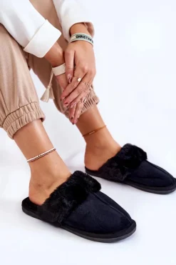 Boto Kapcie Klasyczne*Damskie Klasyczne Papcie Z Futerkiem Czarne Lorines