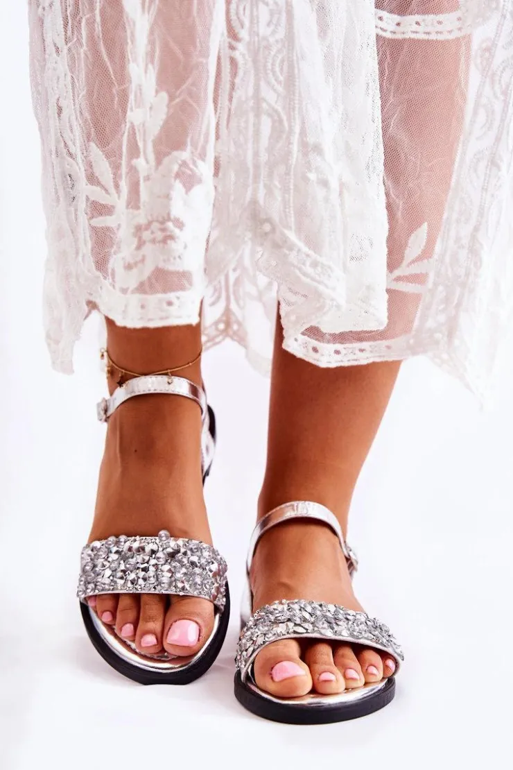 Boto Sandały Płaskie*Damskie Klasyczne Sandałki Z Ozdobami Srebrne Florella