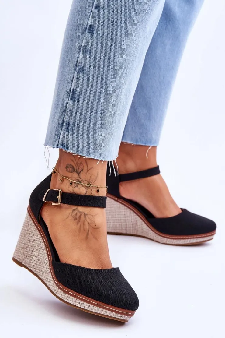 Boto Sandały Na Koturnie*Damskie Klasyczne Sandały Na Koturnie Czarne Malani