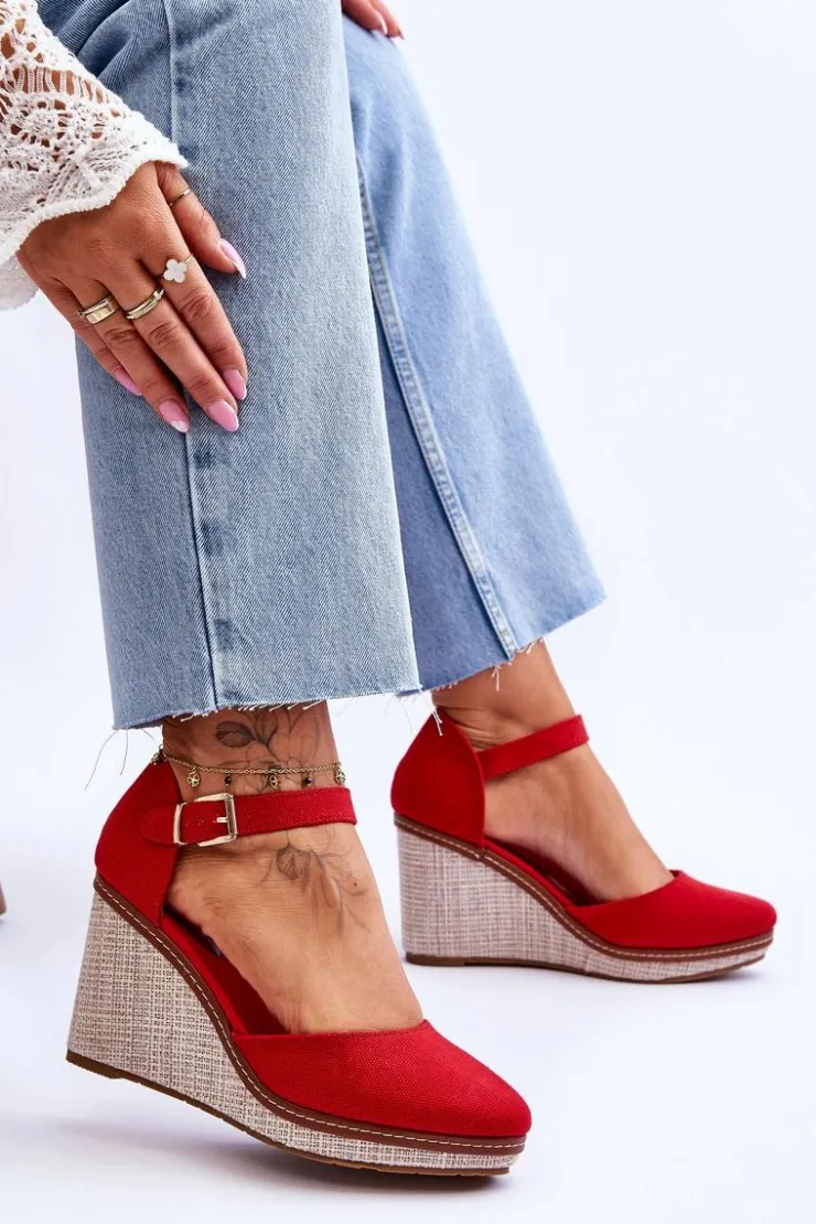 Boto Sandały Na Koturnie*Damskie Klasyczne Sandały Na Koturnie Czerwone Malani