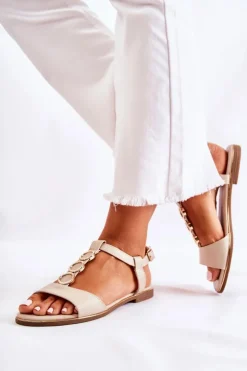 Evento Sandały Płaskie*Damskie Klasyczne Sandały Z Ozdobnym Paskiem Beżowe Terina