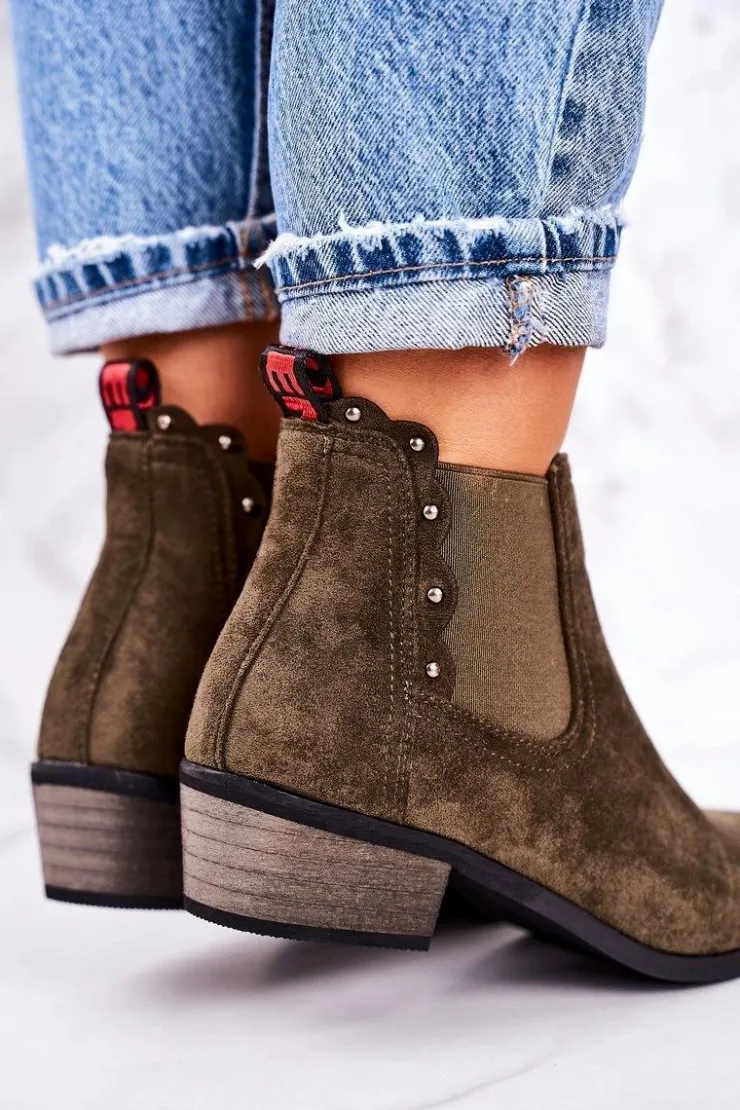 Boto Botki Na Słupku|Czarne Botki*Damskie Klasyczne Sztyblety Botki Zamszowe Ciemno Zielone Walker