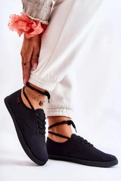 Evento Trampki Damskie Niskie*Damskie Klasyczne Tenisówki Wiązane Czarne Dellis