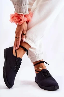 Evento Trampki Damskie Niskie*Damskie Klasyczne Tenisówki Wiązane Czarne Dellis