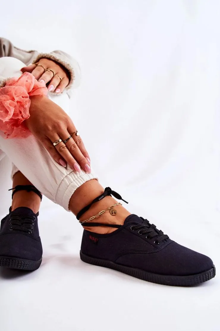 Evento Trampki Damskie Niskie*Damskie Klasyczne Tenisówki Wiązane Czarne Dellis