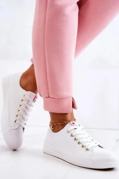 Evento Trampki Damskie Niskie*Damskie Klasyczne Trampki Biało-Złote Ecoma