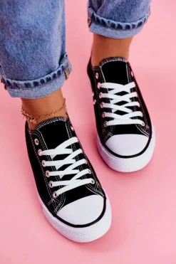 Damskie Boto Damskie Klasyczne Trampki Czarne z Białą Podeszwą Omerta