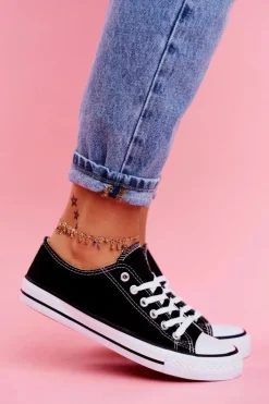 Damskie Boto Damskie Klasyczne Trampki Czarne z Białą Podeszwą Omerta