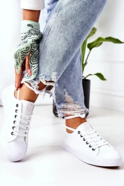 Hot Evento Damskie Klasyczne Trampki Białe Ze Srebrnymi Oczkami Ecoma