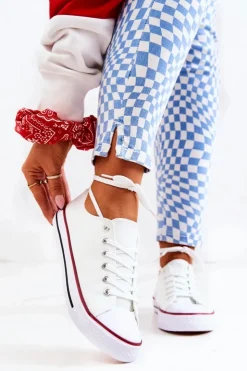 Boto Trampki Damskie Niskie*Damskie Klasyczne Trampki Białe Z Czerwonym Paskiem Omerta Biały