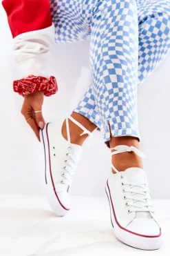 Boto Trampki Damskie Niskie*Damskie Klasyczne Trampki Białe Z Czerwonym Paskiem Omerta Biały