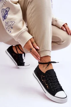 Sale Boto Damskie Koronkowe Materiałowe Trampki Czarne Fergo