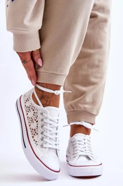 Boto Trampki Damskie Niskie*Damskie Koronkowe Materiałowe Trampki Białe Fergo