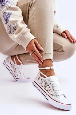 Boto Trampki Damskie Niskie*Damskie Koronkowe Materiałowe Trampki Białe Fergo